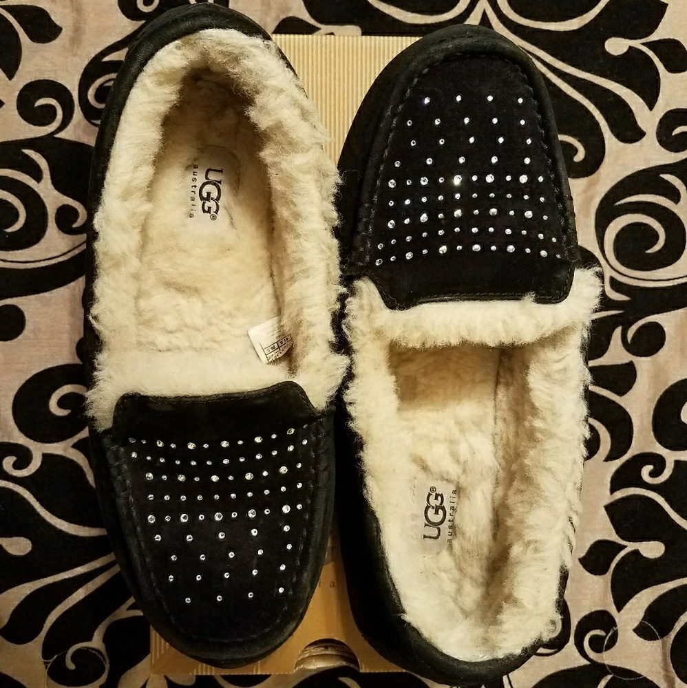 Black UGG moccasins with rhinestones